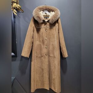 Tan Long Shearling Raccoon Fur Trim Hood Faux Suede Trench Coat Y2K Sz L